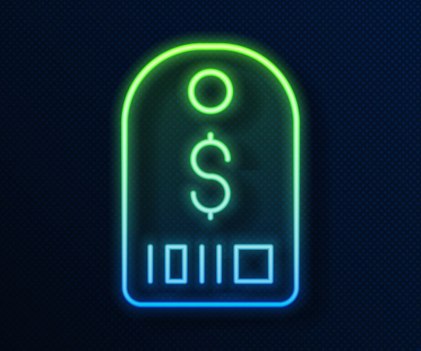 发光的霓虹灯线价格标签与美元图标隔离在蓝色背景。徽章的价格。有美元符号的销售。促销标签折扣。向量图片下载