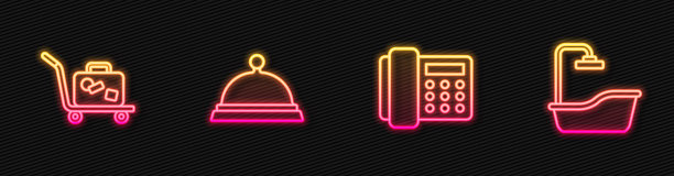 固定电话听筒，手推车行李箱，覆盖食物托盘和浴缸。发光的霓虹灯图标。向量图片下载