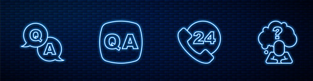 设置热线电话24小时支持，提问和回答，头部带问号。砖墙上发光的霓虹灯图标。向量图片下载