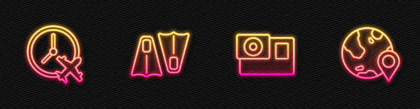 设置线运动相机，时钟与飞机，橡胶脚蹼游泳和定位全球。发光的霓虹灯图标。向量图片下载