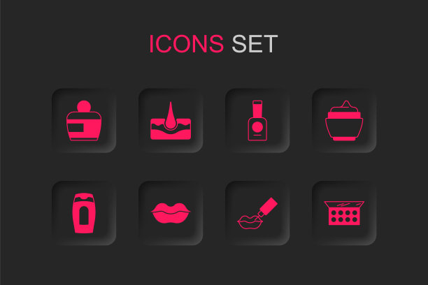 套装微笑的嘴唇，人类毛囊，面霜或乳液化妆管，丰唇，化妆粉与镜子，一瓶指甲油和洗发水图标。向量图片下载