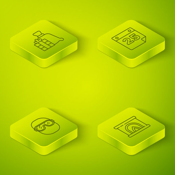 集等距线日历，滑雪护目镜，室内壁炉和圣诞老人包礼物图标。向量图片下载