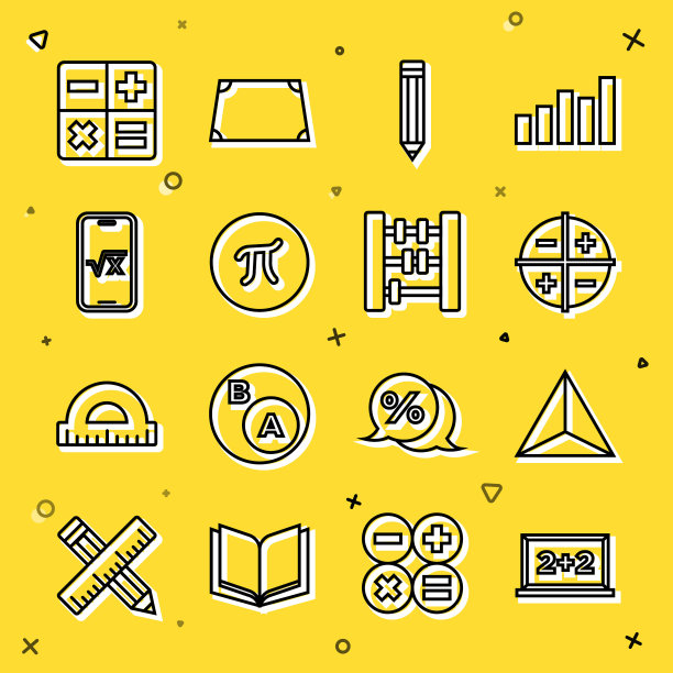 设置线黑板，几何图形四面体，XYZ坐标系，铅笔，圆周率符号，平方根x字形，计算器和算盘图标。向量图片下载