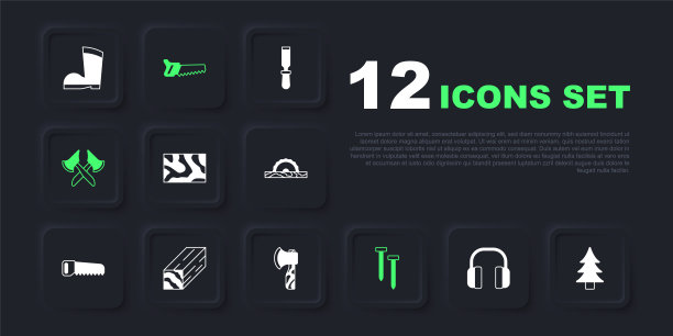 集耳机，树，木梁，金属钉，斧头，手锯和图标。向量图片下载