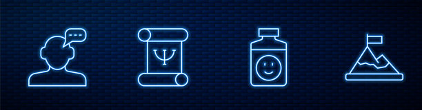 抗抑郁药、在线心理咨询、心理学书籍和山顶旗帜图标矢量素材图片下载