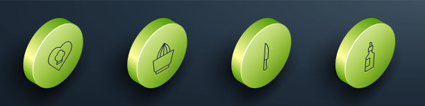 集等距线厨师帽子，柑橘榨汁机，刀和一瓶橄榄油图标。向量图片下载