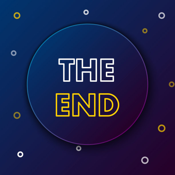 白色和黄色的线结束手写铭文图标隔离在深蓝色的背景。结束电影帧。电影结束画面。色彩缤纷的轮廓概念。矢量图图片下载