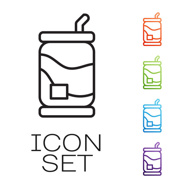 黑线苏打罐图标孤立在白色背景。设置图标彩色。向量图片下载