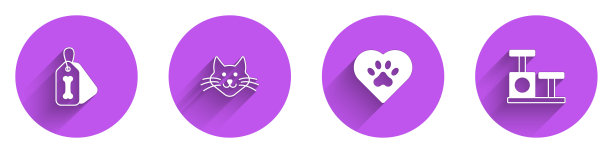 集狗项圈与骨，猫，心脏动物的足迹和抓挠后玩具图标与长阴影。向量图片下载