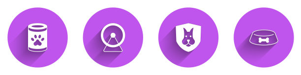 集罐头食品，仓鼠轮，动物健康保险和宠物碗的猫或狗的图标长阴影。向量图片下载