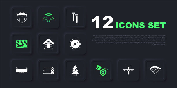 金属钉，木梁，狗屋，手锯和原木，树桩和图标。向量图片下载