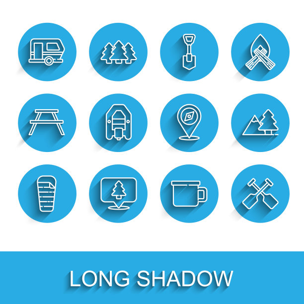 设置线睡袋，森林的位置，房车露营拖车，金属杯，桨，漂流船，山与树和指南针图标。向量图片下载