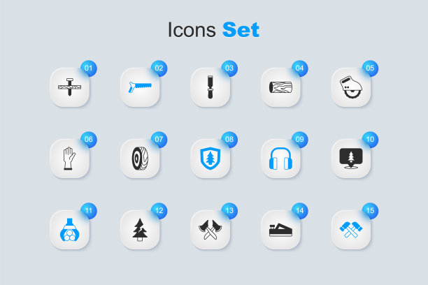 集木平面工具，树的年轮，手锯，抓斗起重机抓原木，交叉锤，森林的位置，金属钉和盾与树的图标。向量图片下载