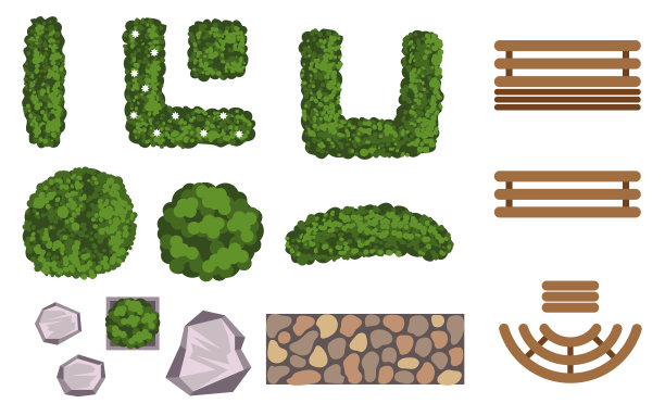 顶景植物景观花园家具元素孤立集。矢量平面图形设计插图图片下载