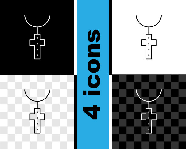 设置线基督教十字架上链图标孤立的黑色和白色，透明的背景。教堂的十字架。向量图片下载