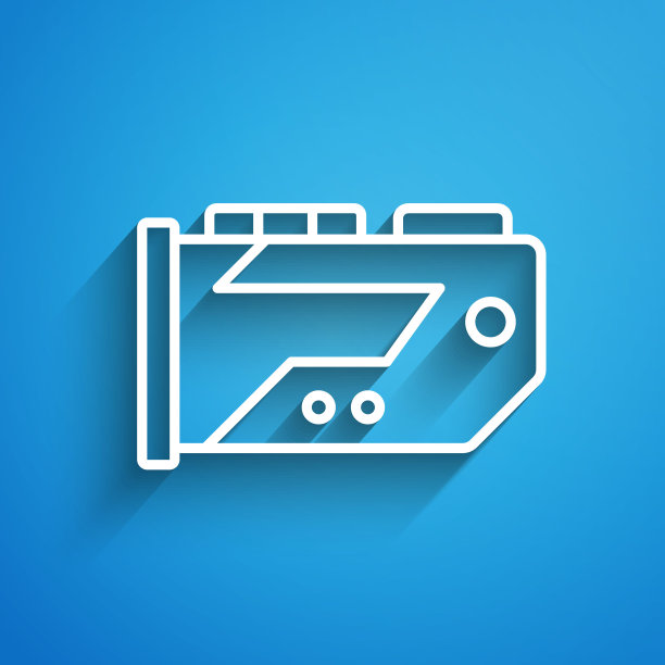 白线视频图形卡图标隔离在蓝色背景。长长的阴影。向量图片下载