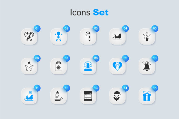 套装圣诞老人帽子和胡子，圣诞购物袋，圣诞姜饼人饼干，圣诞老人雪橇，礼盒，铃铛，带条纹和雪花球图标的拐杖糖。向量图片下载