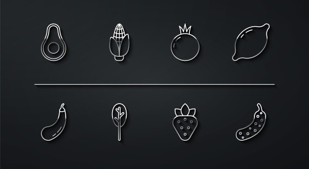 设置线鳄梨水果，茄子，柠檬，草莓，菠菜，玉米，新鲜黄瓜和番茄图标。向量图片下载