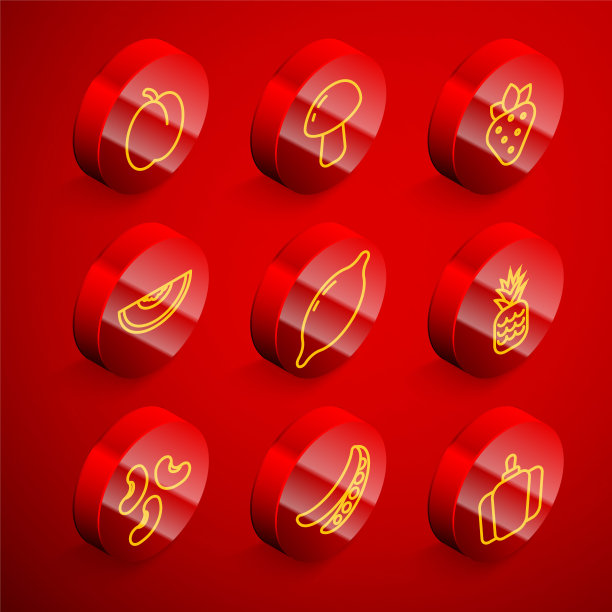 设置线李子水果，蘑菇，草莓，甜瓜，柠檬，菠萝，豆类和青豆图标。向量图片下载