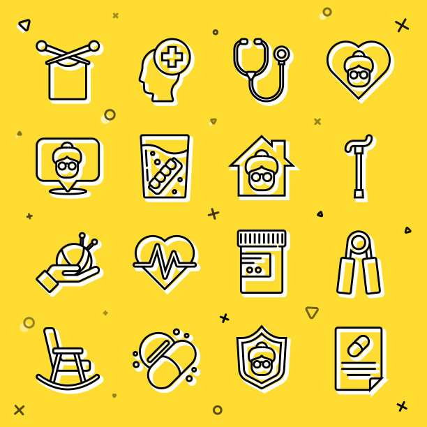 集线医疗处方，运动扩展器，手杖手杖，听诊器，假颌玻璃，养老院，针织和图标。向量图片下载