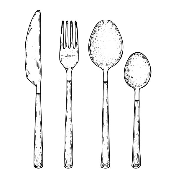 小刀、叉子、勺子的草图。手绘矢量插图。厨房用具。餐具。手绘草图的集合。设计元素。图片下载