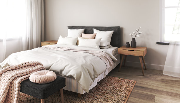 卧室内部模型在波西米亚风格与木地板和桌子。床与白色的毯子，粉红色的枕头和垫子在空墙模拟背景。3 d渲染。高质量3d插图图片下载