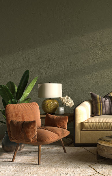 木质茶几，橙色扶手椅，黄色沙发，客厅内部装饰。绿色植物棕榈树。墨绿色的墙模拟背景。3 d渲染。高质量3d插图图片下载