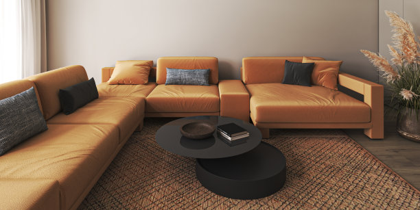 现代淡色调的房子内部，明亮的大橙色沙发和斯堪的纳维亚地毯。模拟框架米色空墙。3 d渲染。高质量3d插图图片下载