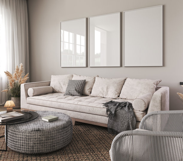 现代斯堪的纳维亚室内客厅。三个相框。白色房间的空墙模型，有木地板和许多干植物。3 d渲染。高质量3d插图图片下载