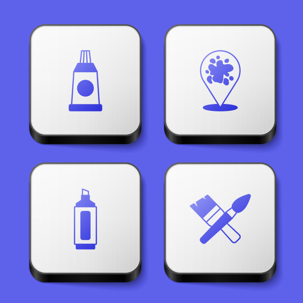 设置管与调色板，油漆喷雾，记号笔和画笔图标。白色方形按钮。向量图片下载