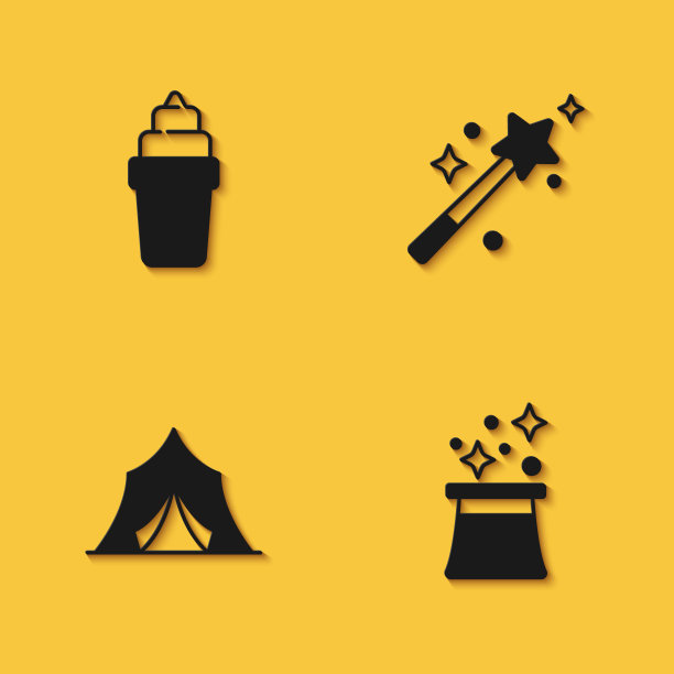 集冰淇淋华夫饼，魔术师帽子，马戏团帐篷和魔杖图标与长阴影。向量图片下载