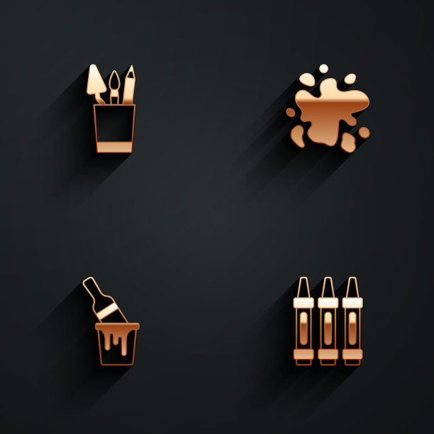 集铅笔盒文具，油漆喷雾，桶与画笔和蜡笔画图标与长阴影。向量图片下载