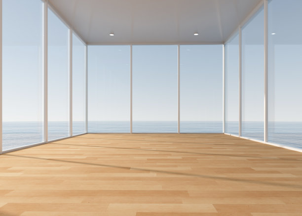 海滨落地窗，白色木地板，干净而空旷的房间图片下载