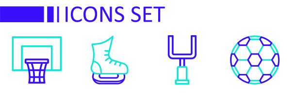 设置线足球足球，美国门柱，溜冰鞋和篮球篮板图标。向量图片下载