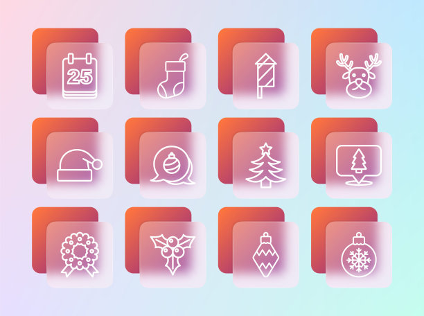 集线驯鹿，分支维伯恩，圣诞树，玩具，球，烟花火箭，日日历和袜子图标。向量图片下载