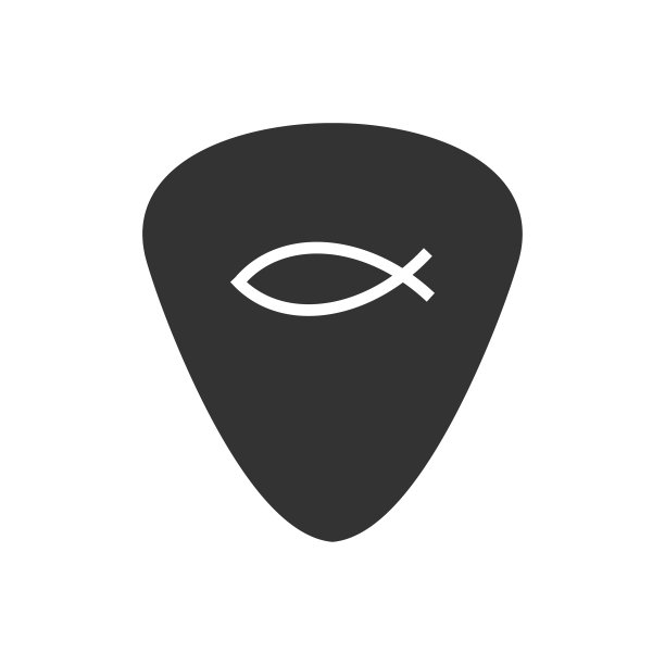 吉他挑与基督教鱼图标的形象。调解员演奏吉他符号。标志拨子向量。图片下载