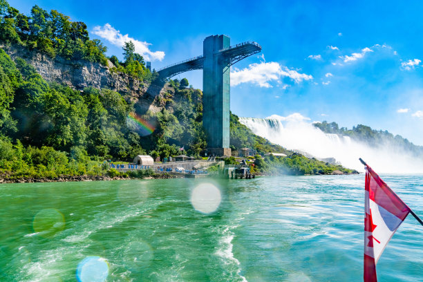 尼亚加拉瀑布瞭望塔和加拿大国旗，尼亚加拉河下游经过尼亚加拉瀑布，美国河岸。高质量照片图片下载