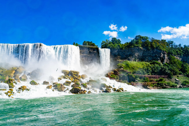 尼亚加拉瀑布的新娘面纱瀑布和美国瀑布，山羊岛的一部分，风瞭望台的洞穴，楼梯和平台，木制走道，尼亚加拉瀑布，纽约，美国高质量的照片。图片下载