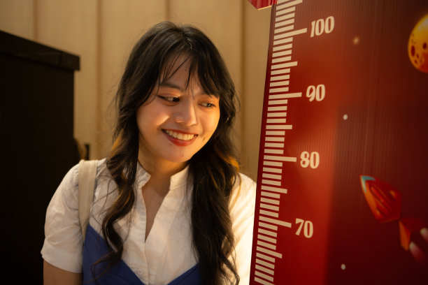 一个亚洲女人的肖像，用身高来支付在电影院看电影的儿童票图片下载