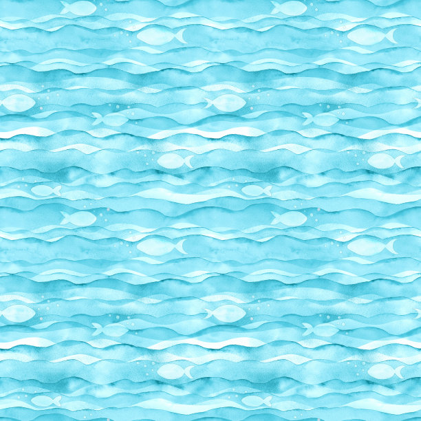水彩画海洋海浪鱼蓝绿色绿松石色背景图片下载