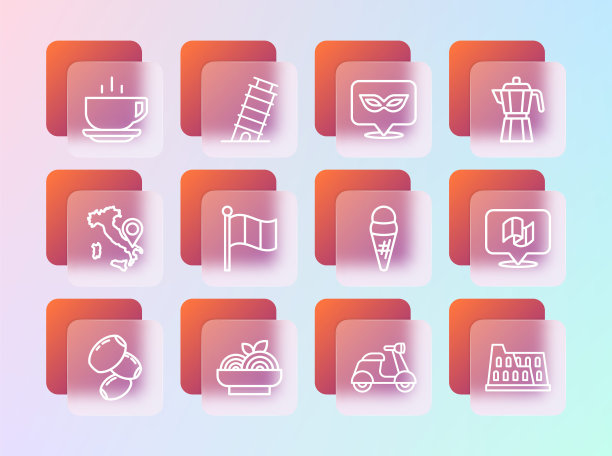 咖啡机摩卡壶，意大利面意大利面，华夫饼冰淇淋，滑板车，意大利国旗，嘉年华面具，杯子和比萨斜塔图标。向量图片下载