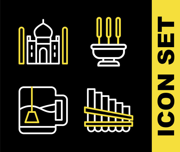 集线香，排箫，茶与茶包和泰姬陵图标杯。向量图片下载