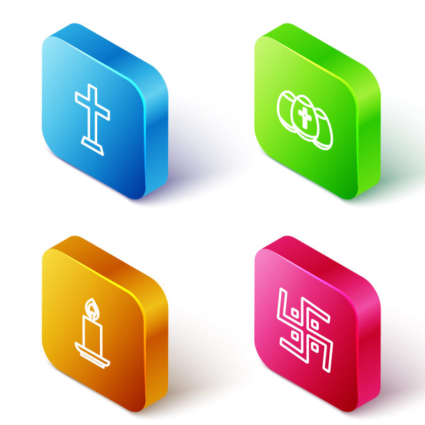 设置等距线基督教十字架，复活节彩蛋，燃烧的蜡烛和印度教卍字符图标。向量图片下载