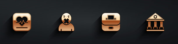 设置心率，审查和言论自由，投票箱和法院建筑的长阴影图标。向量图片下载