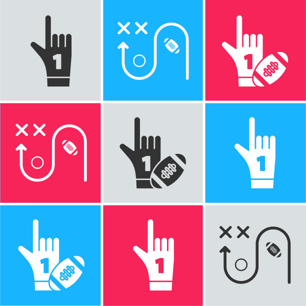 设置1个球迷手套的手指举起，规划战略概念和1个球迷手套的手指举起和美式橄榄球图标。向量图片下载