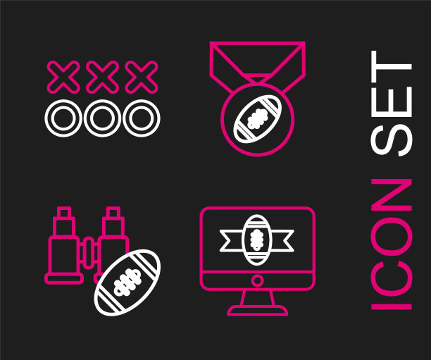 设置线美式足球电视节目，双筒望远镜和美国，足球与奖牌和规划战略概念图标。向量图片下载