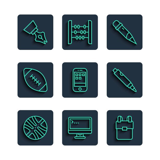 篮球，电脑显示器，学校背包，带橡皮的铅笔，智能手机，美式足球，钢笔笔尖和马克笔图标。向量图片下载