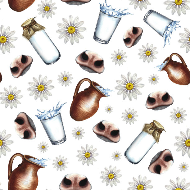 无缝图案与奶牛，奶牛的鼻子和斑点和雏菊。水彩手绘插图。牛奶质感的设计印花。用于标签、包装、纺织。图片下载