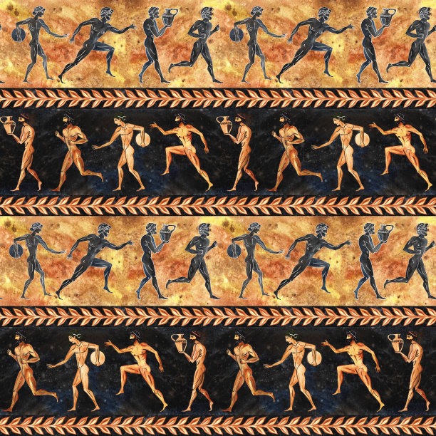 古希腊运动员的无缝图案。以古希腊绘画风格的花瓶。手绘水彩画。在一个纹理背景与水平黑色和赭石条纹。图片下载