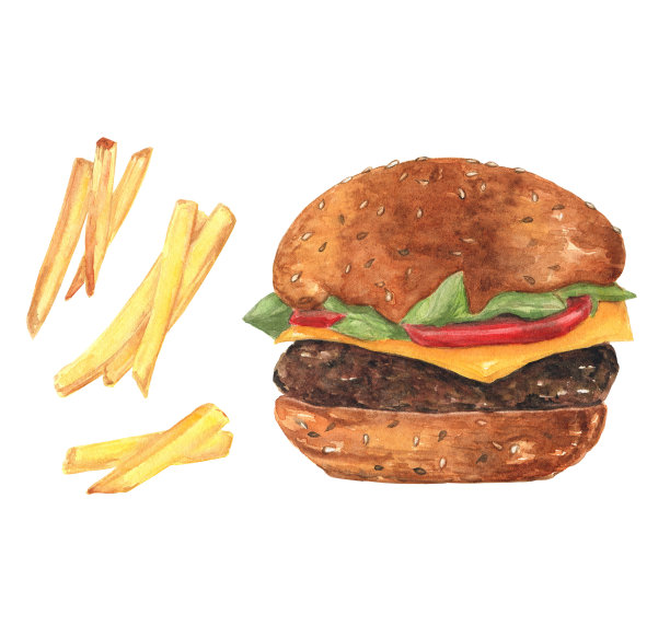 芝士汉堡和炸薯条水彩画图片下载